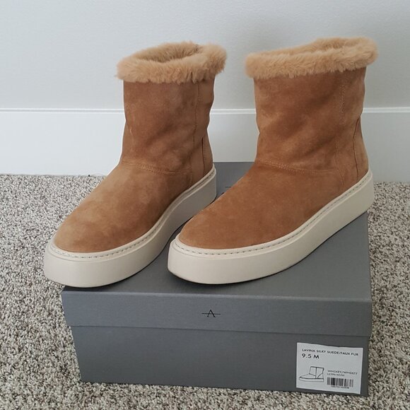 $495 Aquatalia Lavina Suede Weatherproof Ankle Platform Boot Faux Fur Beige 9.5 - Picture 12 of 12